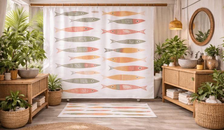 Sardine print shower curtain set up