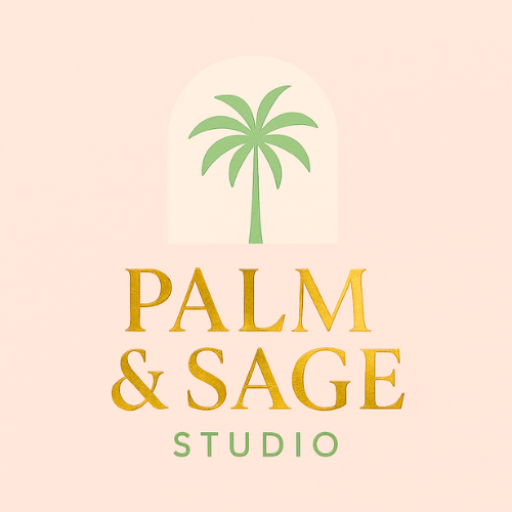 Palm & Sage Studio logo — elegant tropical design with palm icon in gold and sage tones.