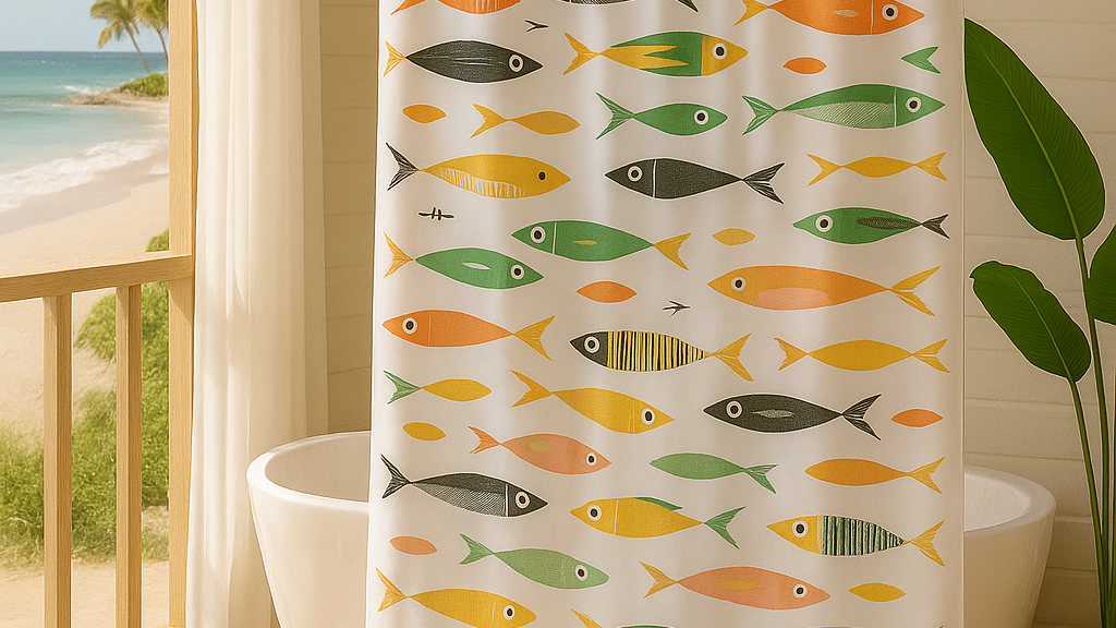 Sardine shower curtain Island luxe bathroom setting