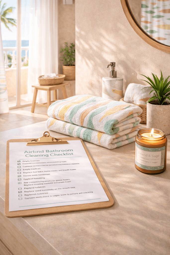 Image of a bathroom with matching towels and a bathroom cleaning check list for Airbnb houses.